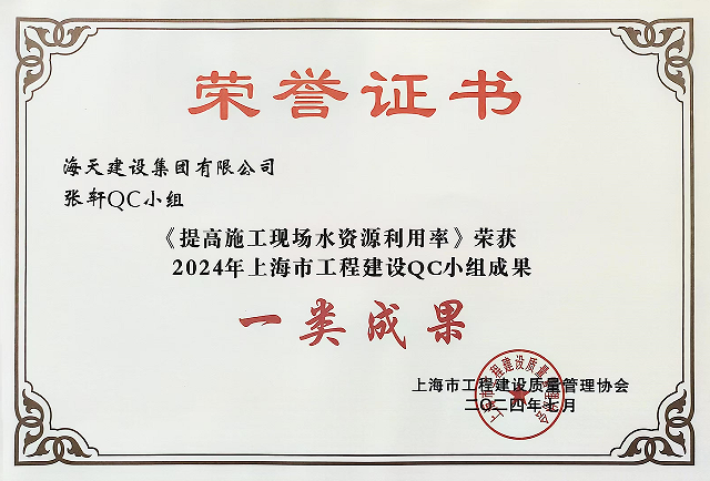 張軒QC小組獲2024年上海市工程建設QC小組成果一類成果獎