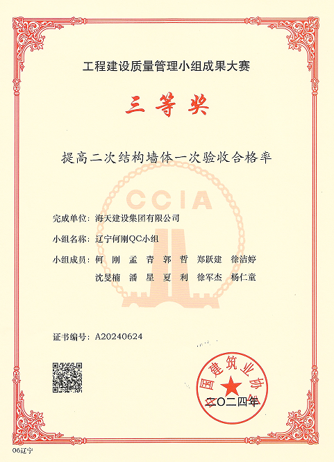 遼寧何剛QC小組的《提高二次結構墻體一次驗收合格率》獲國家三等獎)
